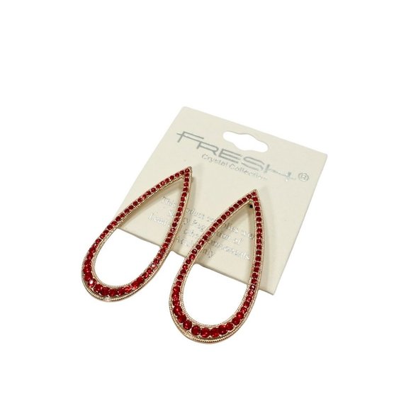 Gold Open Teardrop  Earrings with Red Crystals - Picture 2 of 5